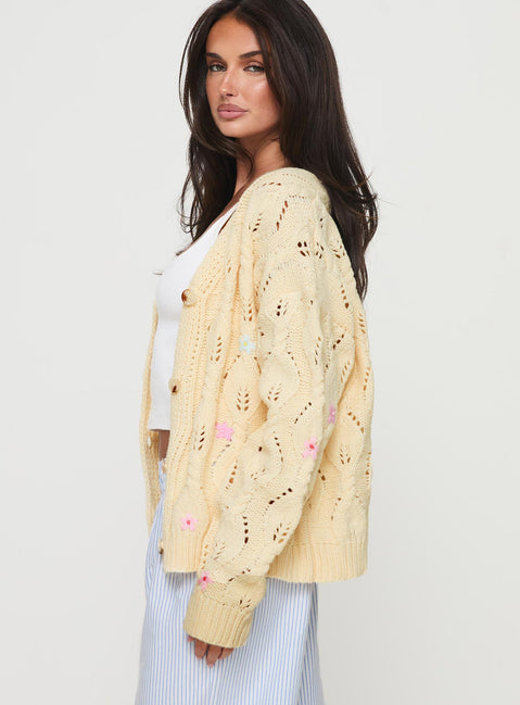 side view of model wearing Princess Polly Daffodil Cardigan Cream Cropped Jumpers Jumpers 