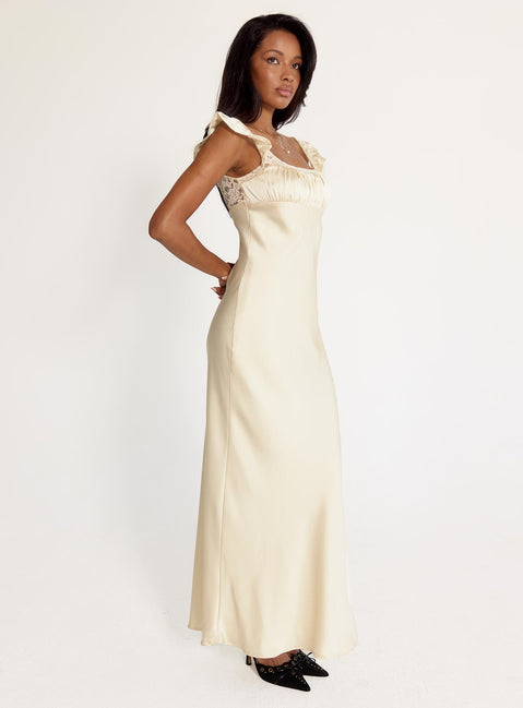 back view of model wearing Princess Polly Adelie Maxi Dress Champagne Scoop Neck 