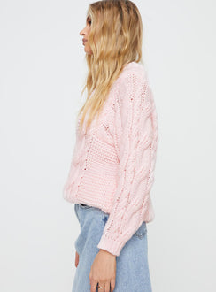 side view of model wearing Princess Polly Ellison Cable Knit Sweater Blush Pink Longline Jumpers Jumpers 