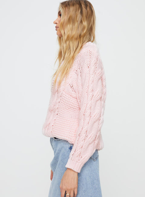 side view of model wearing Princess Polly Ellison Cable Knit Sweater Blush Pink Longline Jumpers Jumpers 