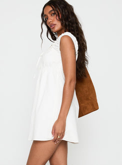 side view of model wearing Princess Polly Gentle Love Mini Dress White Scoop Neck 