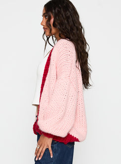 side view of model wearing Princess Polly Lester Knit Cardigan Pink / Red Longline Jumpers Jumpers 
