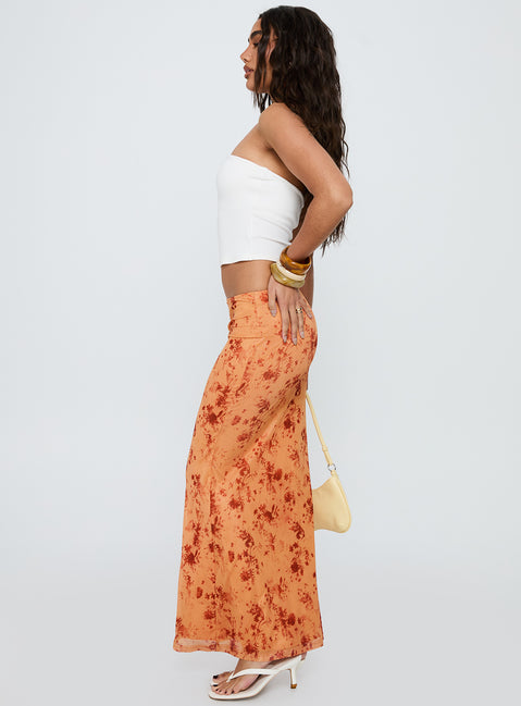   side view of model wearing Princess Polly Shepherd Maxi Skirt Orange Multi Maxi Skirts Skirts 