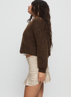   side view of model wearing Princess Polly Celebrations Mini Skirt Beige Check Mini Skirts Skirts 