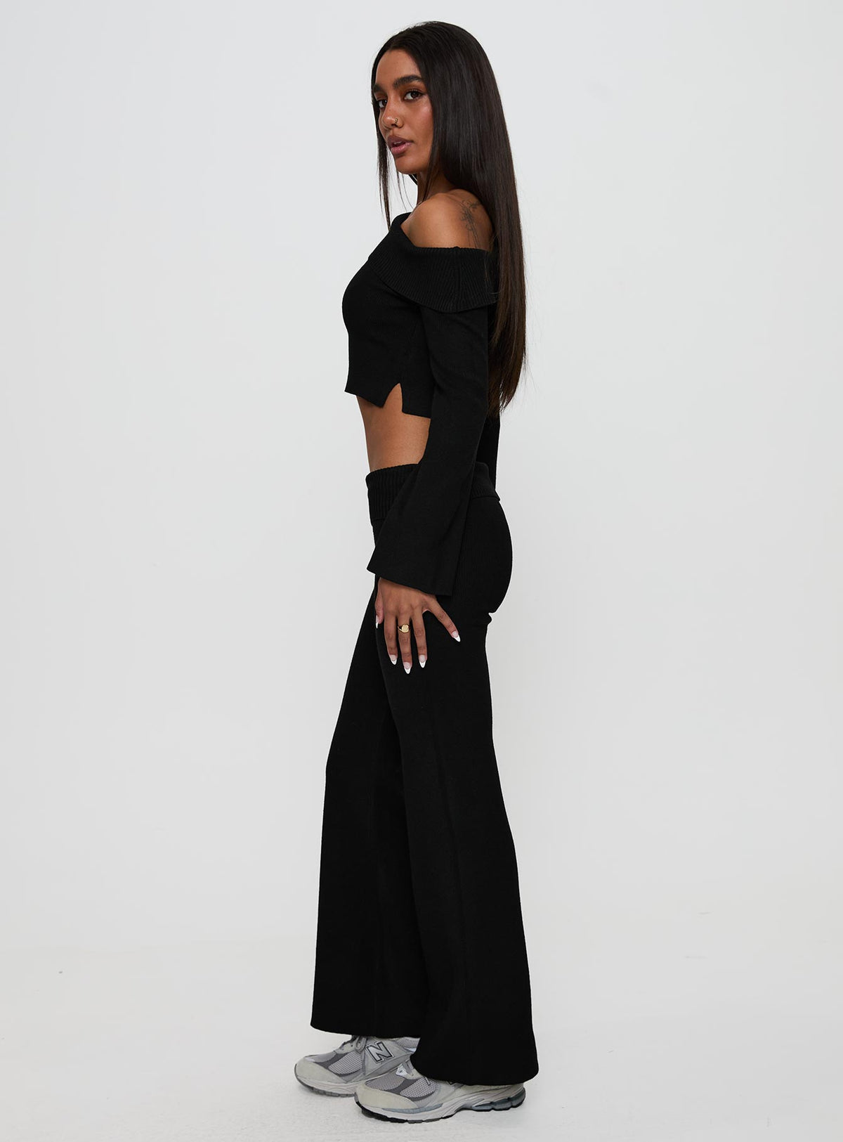 side view of model wearing Princess Polly Try Me Knit Pants Black Low Rise Pants Pants 