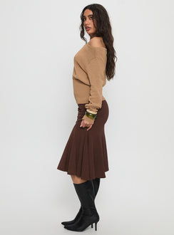   side view of model wearing Princess Polly Lewish Low Rise Midi Skirt Chocolate Midi Skirts Skirts 