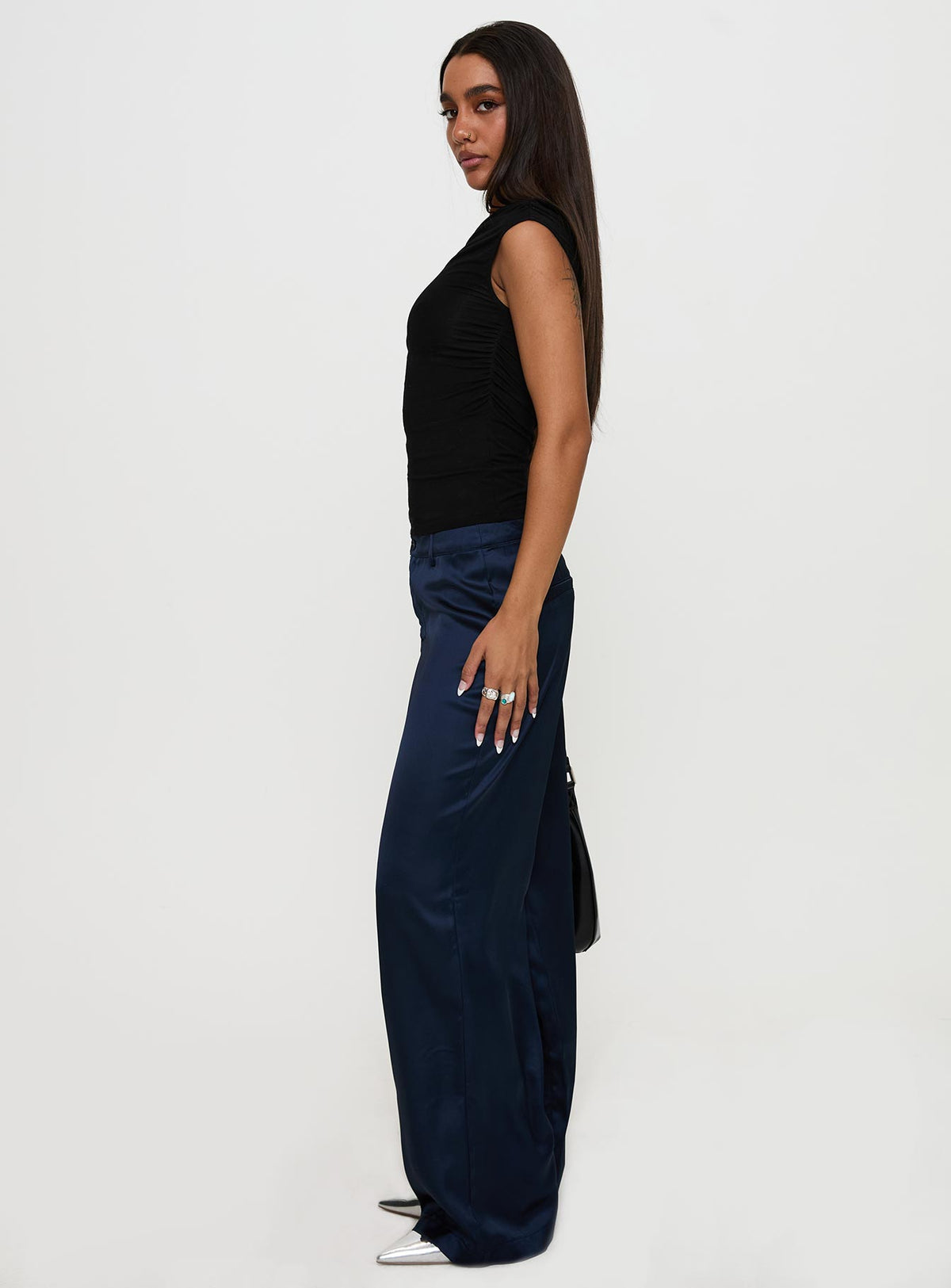 side view of model wearing Princess Polly Alaina Pants Navy High Rise Pants Pants 