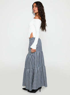   side view of model wearing Princess Polly Rockwell Tiered Midi Skirt Navy Check Maxi 