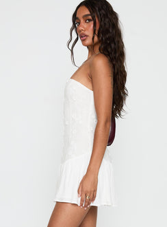 side view of model wearing Princess Polly Envie Strapless Mini Dress White Straight Neck 