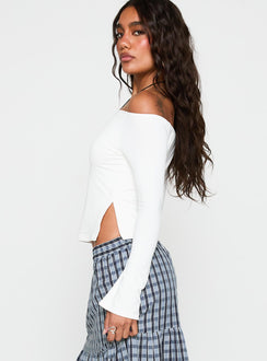 side view of model wearing Princess Polly Maestro Off The Shoulder Top White Full Sleeves straight 