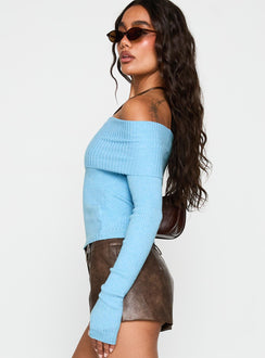 side view of model wearing Princess Polly Morley Off Shoulder Sweater Blue Cropped Jumpers Jumpers 