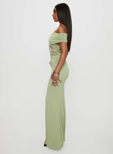 side view of model wearing Princess Polly Gwendolen Off The Shoulder Maxi Dress Green Straight Neck 