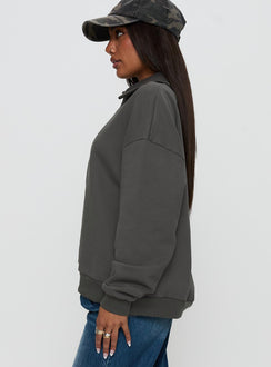 side view of model wearing Princess Polly Back Around Collared Fleece Jumper Slate Jumpers 
