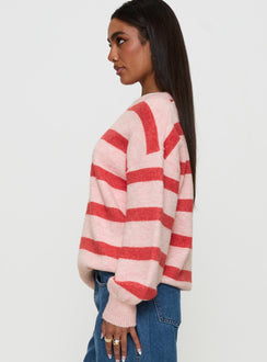 side view of model wearing Princess Polly Ryanna Sweater Pink / Red Stripe Jumpers 
