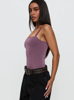 side view of model wearing Princess Polly Off Stage Bodysuit Purple Sleeveless Bodysuit 
