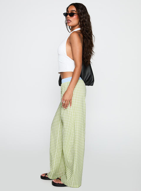 side view of model wearing Princess Polly Neevie Wide Leg Pants Green High Rise Pants Pants 