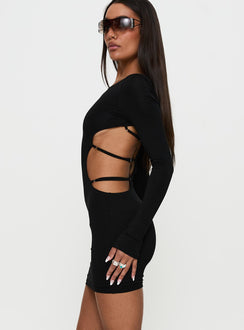 side view of model wearing Princess Polly Rowin Long Sleeve Cut Out Mini Dress Black Scoop Neck 