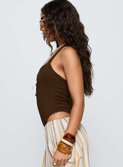 side view of model wearing Princess Polly Silverwing Cut Out Bodysuit Chocolate Sleeveless Bodysuit 