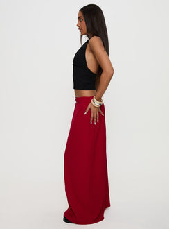   side view of model wearing Princess Polly Devoted Maxi Skirt Red Maxi Skirts Skirts 