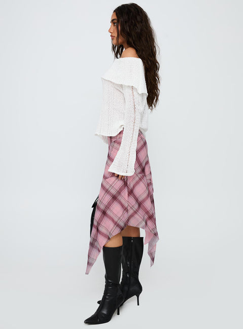   side view of model wearing Princess Polly Anali Asymmetrical Midi Skirt Pink / Multi Check Midi Skirts Skirts 