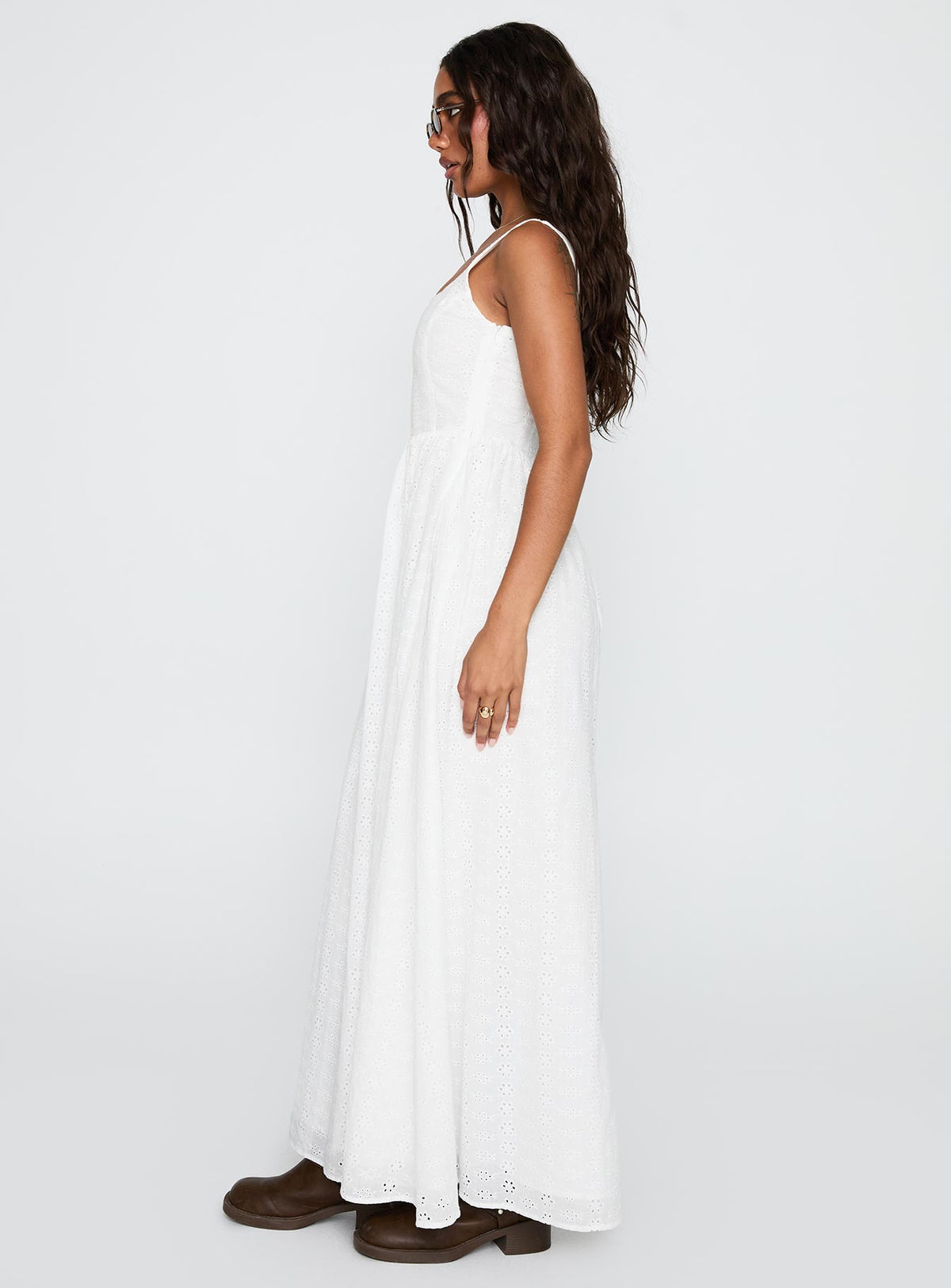 side view of model wearing Princess Polly Cartmel Broderie Maxi Dress White Square Neck 