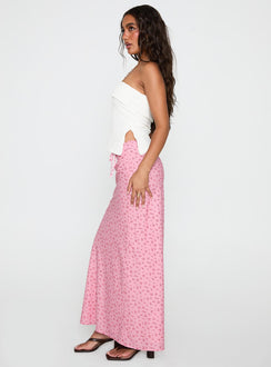   side view of model wearing Princess Polly Gorgina Tie Maxi Skirt Pink Multi Maxi Skirts Skirts 