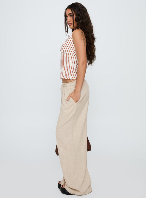 side view of model wearing Princess Polly Seascape Oversize Tie Pants Natural High Rise Pants Pants 