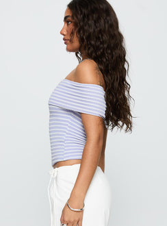 side view of model wearing Princess Polly Ausha Off Shoulder Top Lilac Stripe Short Sleeves straight 