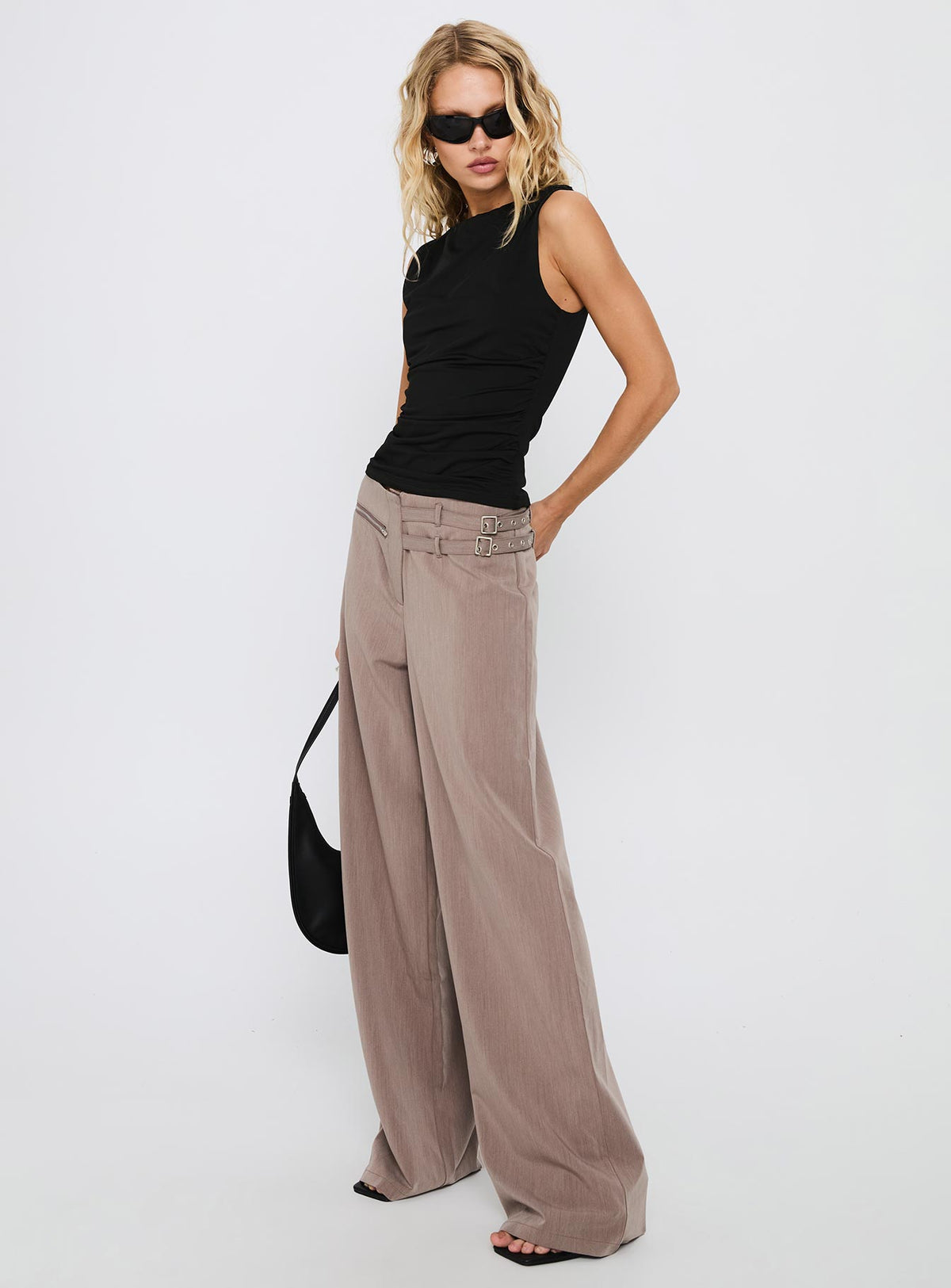 side view of model wearing Princess Polly Rinah Belted Pants Brown High Rise Pants Pants 