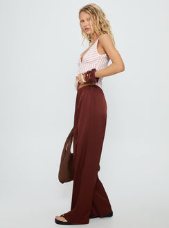 side view of model wearing Princess Polly Dorie Straight Leg Pants Chocolate High Rise Pants Pants 