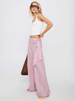 side view of model wearing Princess Polly Wave Dancer Tie Pant Pink Stripe High Rise Pants Pants 
