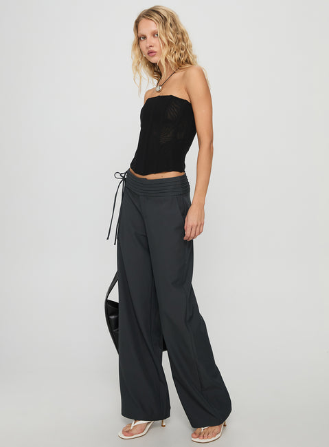 side view of model wearing Princess Polly Good Riddance Pleat Tie Slouch Pants Charcoal Low Rise Pants Pants 