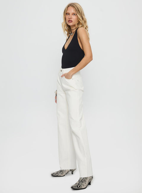 side view of model wearing Princess Polly Henesey High Rise Straight Leg Jeans White Wash High Rise Jeans Jeans 