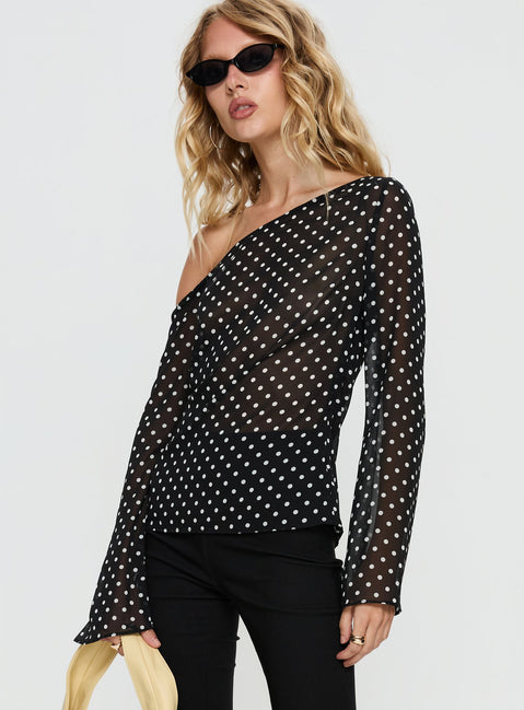 Shiona Sheer One Shoulder Long Sleeve Top Black Polka