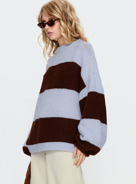 side view of model wearing Princess Polly Bastien Crew Neck Knit Sweater Blue / Chocolate Stripe Longline Jumpers Jumpers 