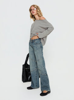 side view of model wearing Princess Polly Atmosphere Mid Rise Straight Leg Jeans Antique Wash Low Rise Jeans Jeans 
