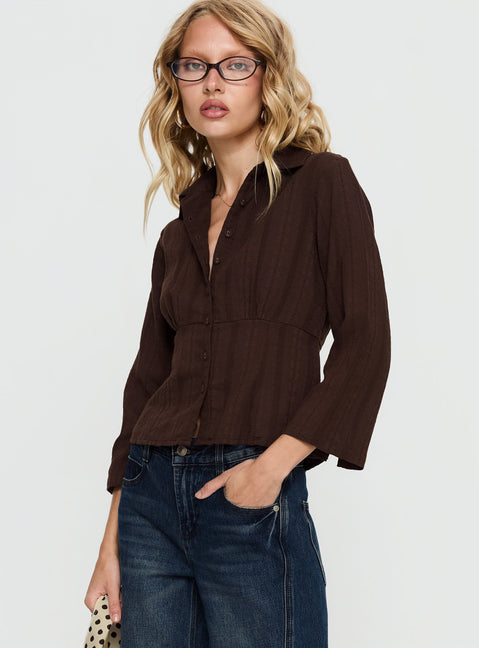 Taelynn 3/4 Sleeve Button Up Shirt Chocolate