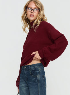 side view of model wearing Princess Polly Ruthi Scarf Off Shoulder Knit Sweater Burgundy Cropped Jumpers Jumpers 