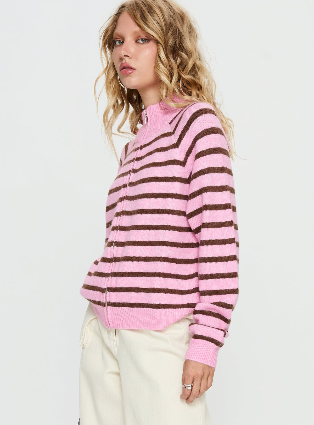 side view of model wearing Princess Polly Kaylei Zip Through Cardigan Pink Stripe regular Jumpers 