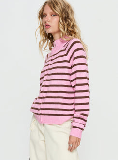 side view of model wearing Princess Polly Kaylei Zip Through Cardigan Pink Stripe regular Jumpers 