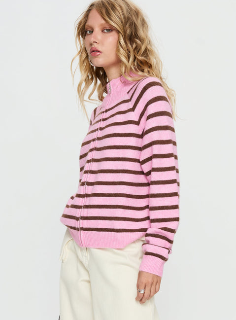 side view of model wearing Princess Polly Kaylei Zip Through Cardigan Pink Stripe regular Jumpers 