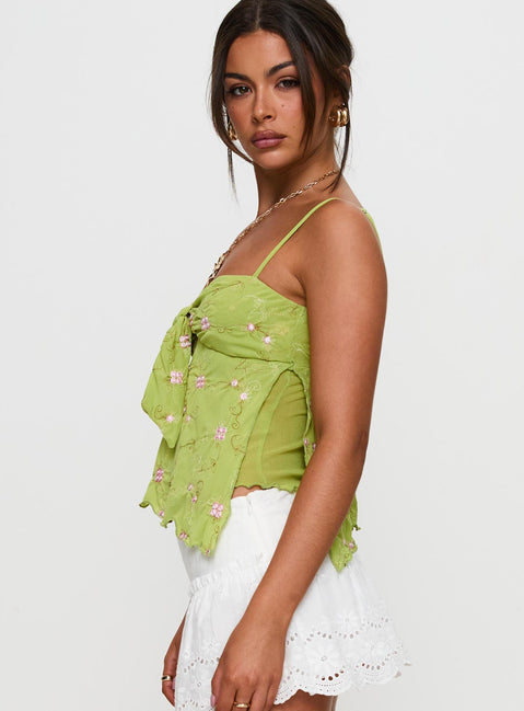 side view of model wearing Princess Polly Paislie Mesh Top Sage Green Sleeveless Sweetheart 