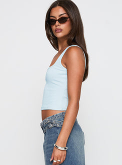 side view of model wearing Princess Polly Baseline Square Neck Rib Tank Top Light Blue Sleeveless Square Neck 