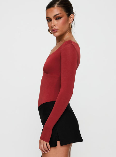 side view of model wearing Princess Polly Loveydove Bodysuit Burgundy Long Sleeve Tops Bodysuit 