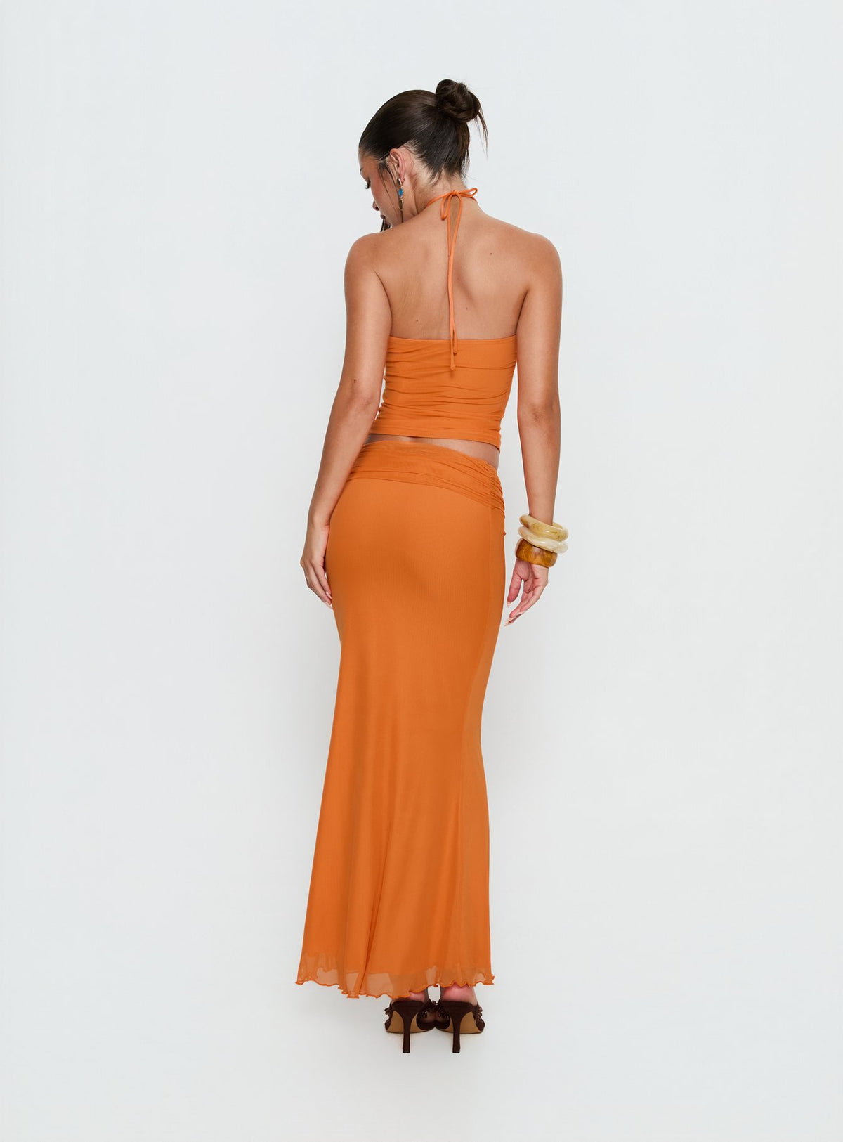 back view of model wearing Princess Polly Star Fruit Ruched Waist Maxi Skirt Orange Maxi Skirts Skirts 
