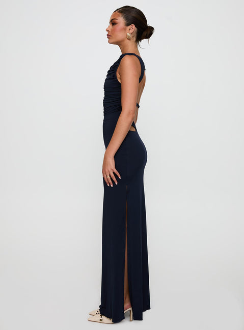 side view of model wearing Princess Polly Undeniable Cut Out Maxi Dress Navy High Neck 