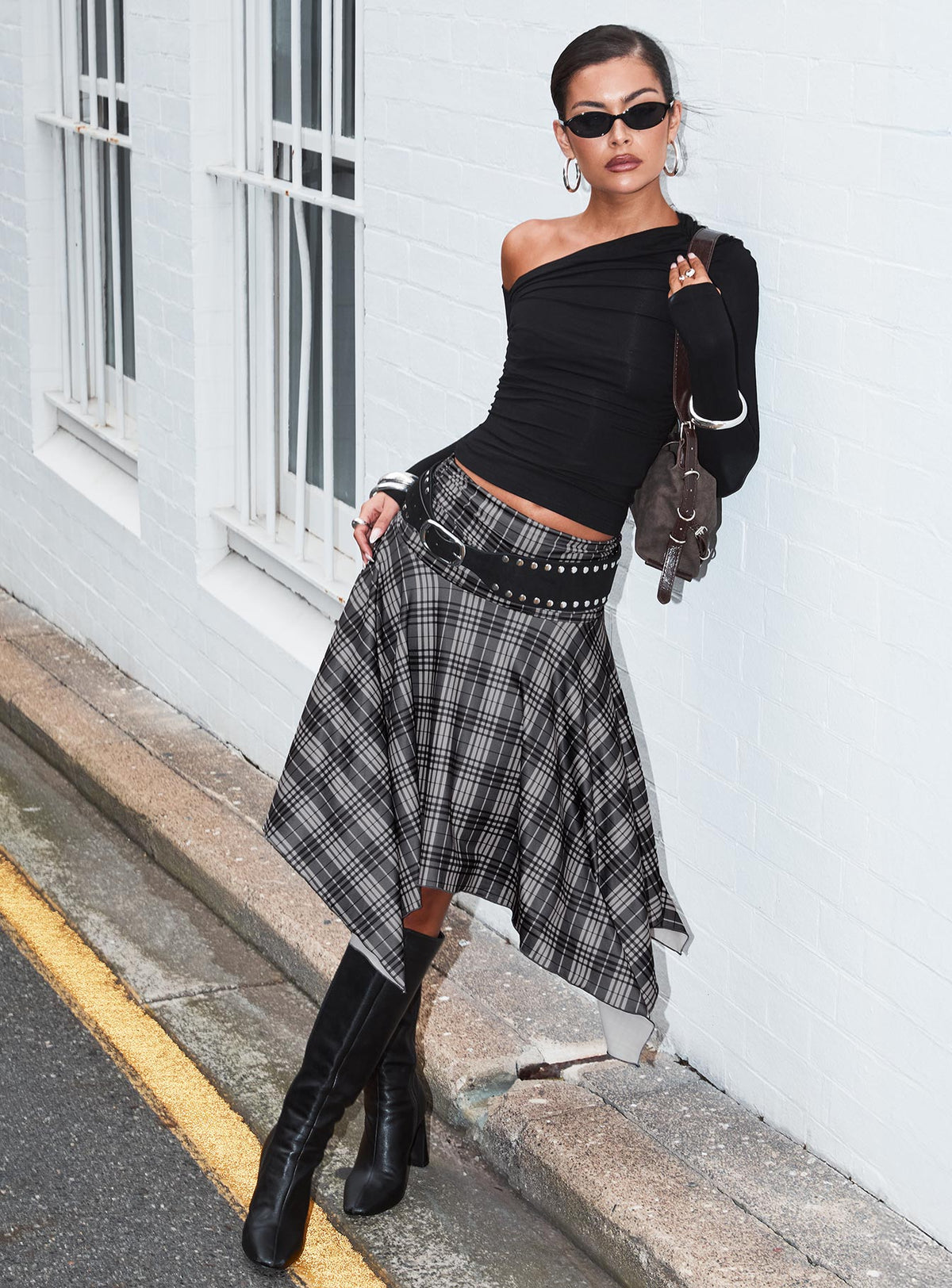   front view of model wearing Princess Polly Scholar Asymmetrical Midi Skirt Grey Check Midi Skirts 