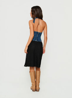 Crafted with intricate details, the Laicey Lace Midi Skirt Black womens-skirts designed for a fitted aline silhouette back view of model wearing Princess Polly