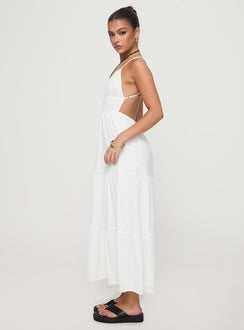 side view of model wearing Princess Polly Mckew Maxi Dress White V-Neck 