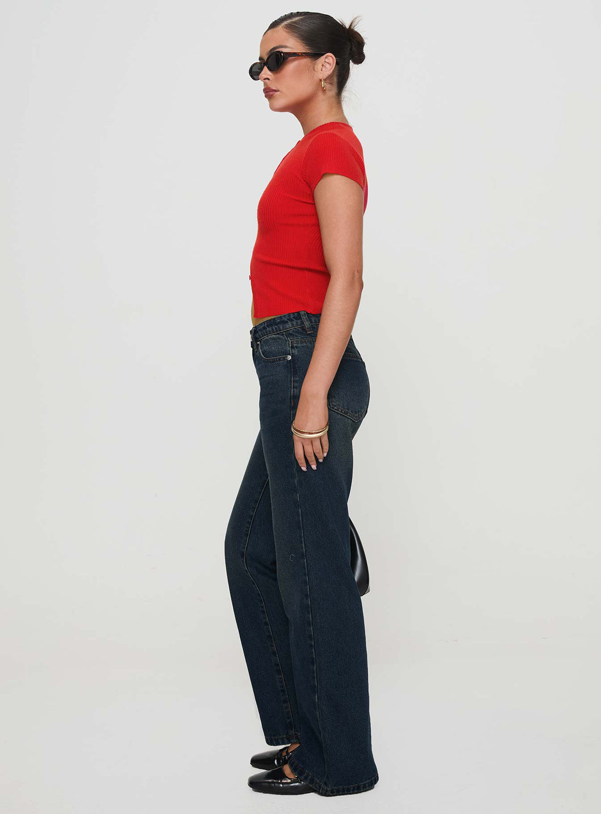 side view of model wearing Princess Polly Cybele Mid Rise Straight Leg Jeans Dark Denim Mid Rise Jeans Jeans 